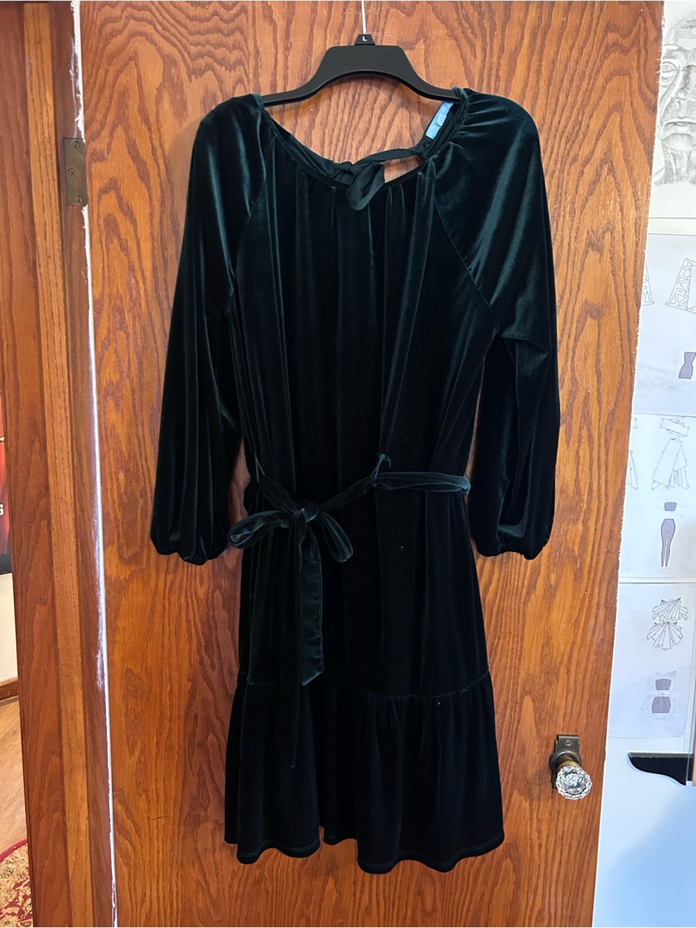 Draper James Dark Green Velvet Tie-Waist Long Sleeve Dress